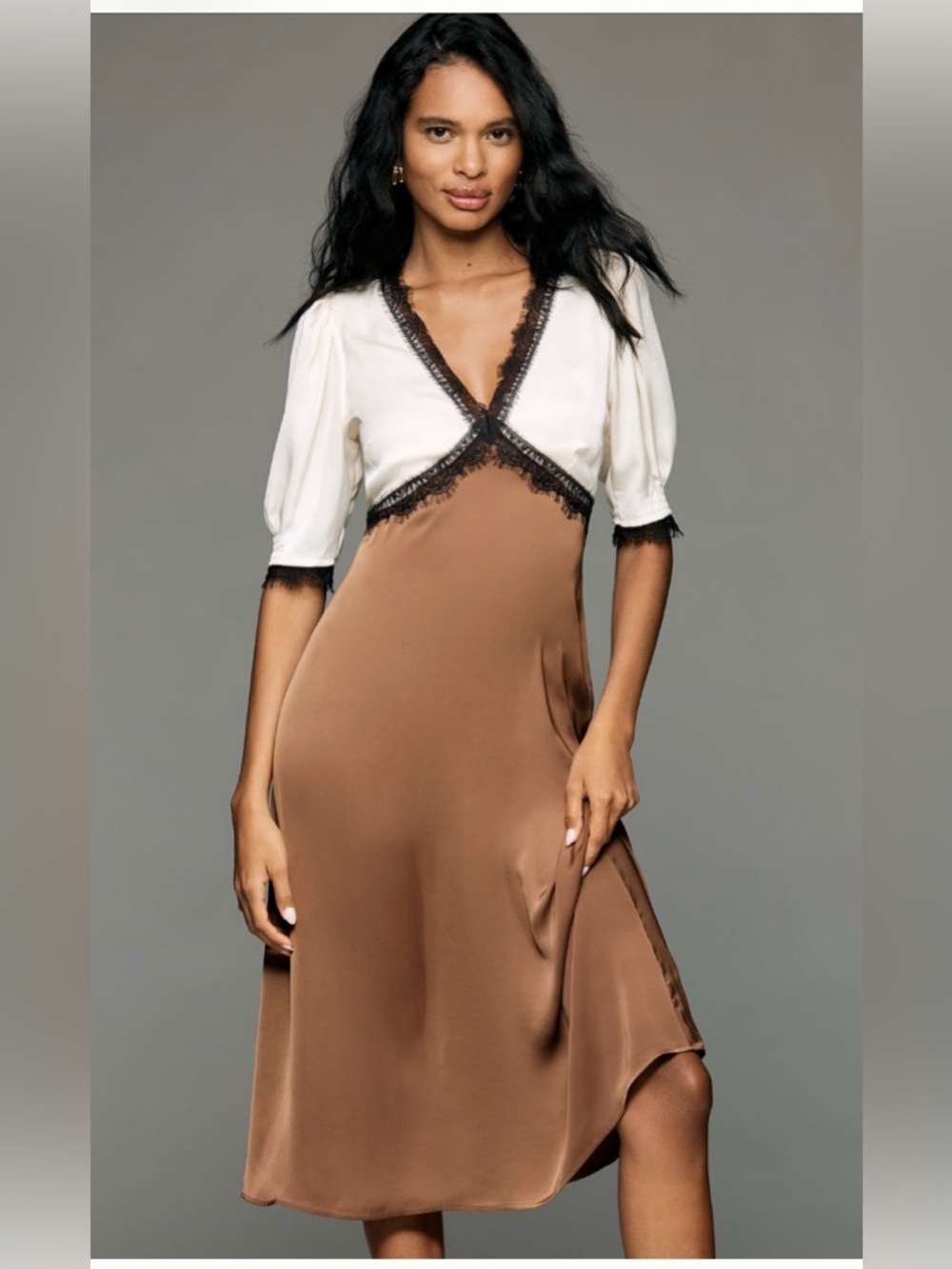 Anthropologie Cream & Brown Satin Lace-Trim Slip Dress, 00, NWT